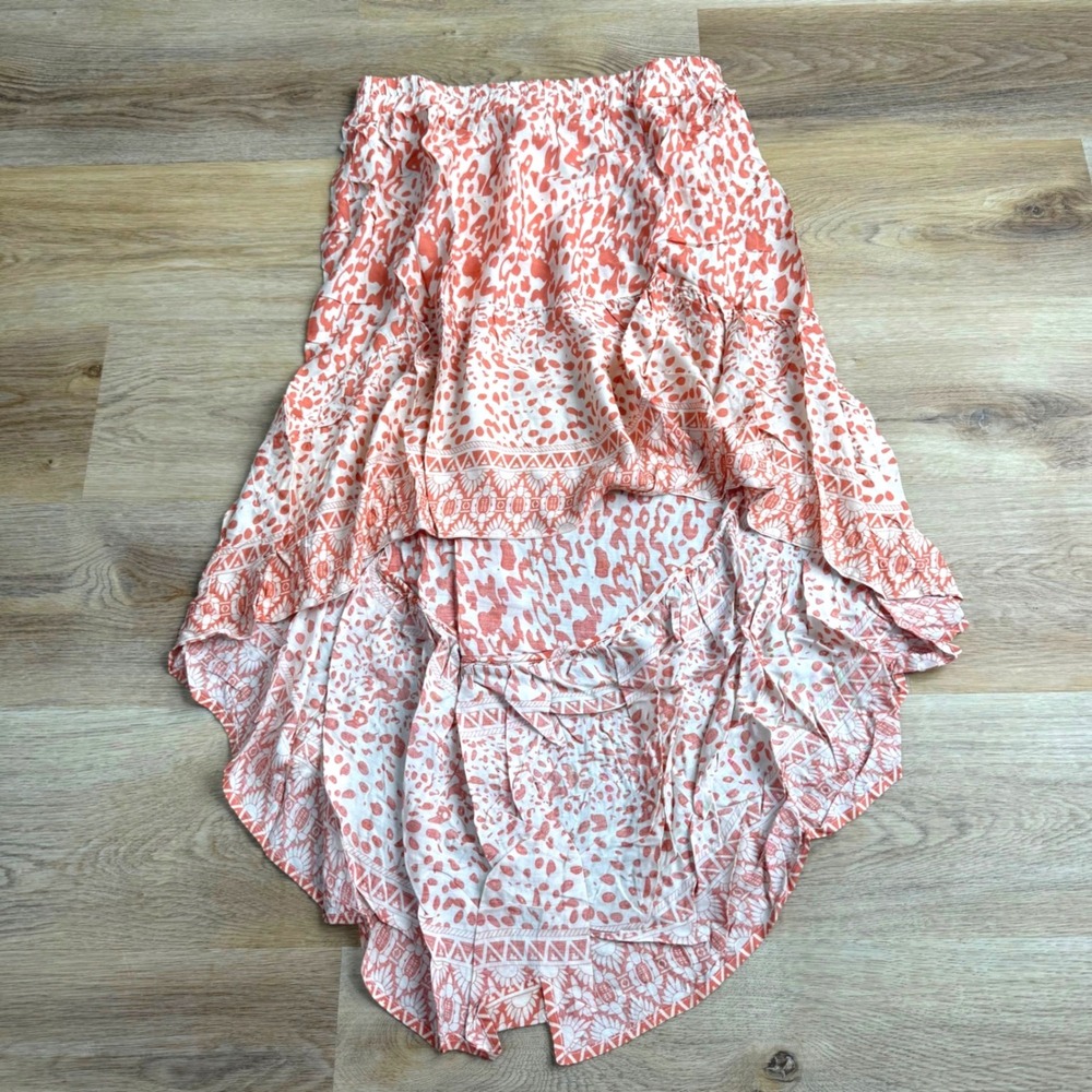 Umgee Salmon Mix High Low Animal Print Skirt Womens Large Festival Peasant Boho